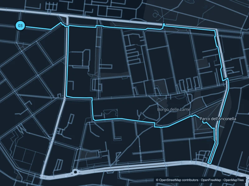 Map of the 3.2 km Parco dell’Anconella run, with start and finish marked 03.