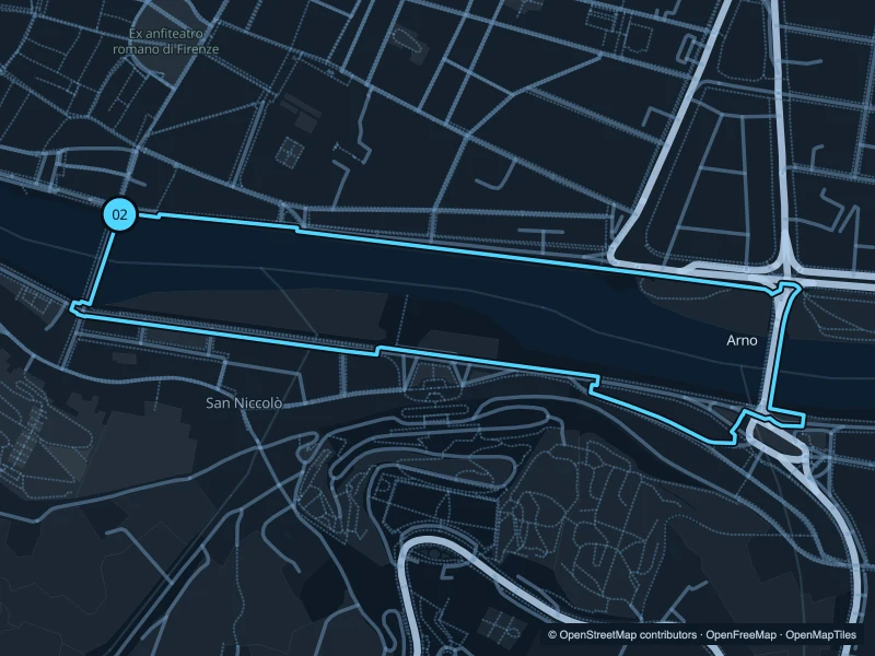 Map of the 2.7 km Arno · Ponte alle Grazie circuit run, with start and finish marked 02.