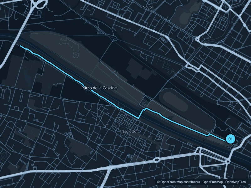 Map of the 7.2 km Parco delle Cascine run, with start and finish marked 01.