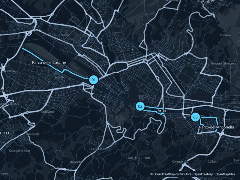 Map of Florence with three numbered running-route starts.