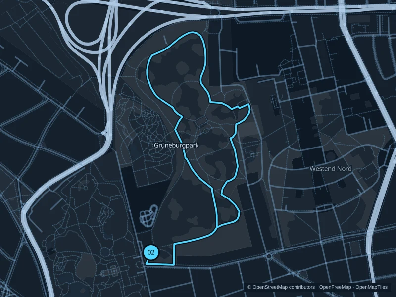 Mapa de la ruta de 2,7 km por Grüneburgpark, con inicio y final marcados con 02.