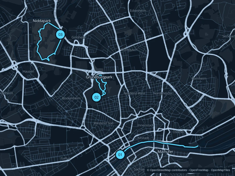 Mapa de Fráncfort con tres puntos de inicio numerados para correr.