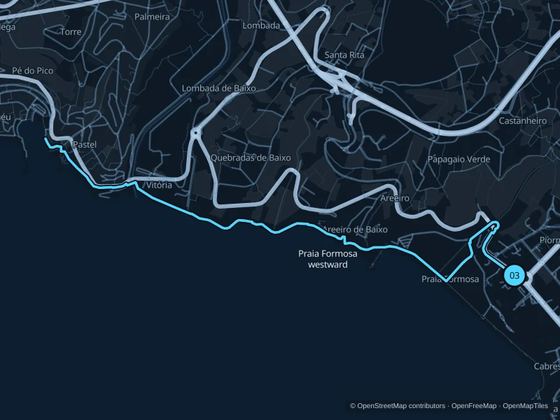 Map of the 6.5 km Praia Formosa westward run, with start and finish marked 03.