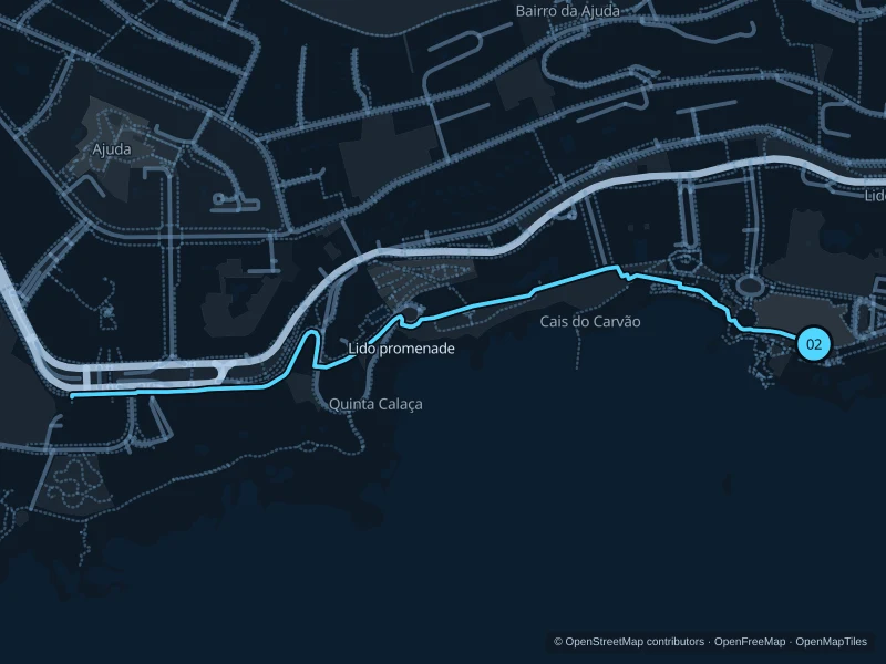 Map of the 2.4 km Lido promenade run, with start and finish marked 02.