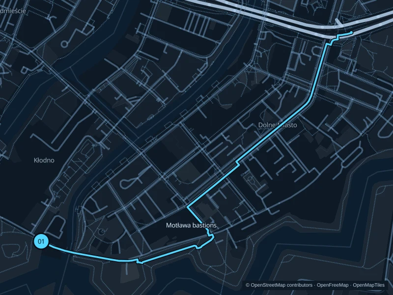 Karte der 2,8 km langen Strecke „Motława-Bastionen“, Start und Ziel sind mit 01 markiert.