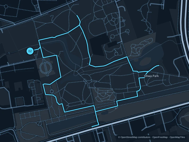Karte der 3,0 km langen Strecke „Oliwa-Park · zwei Runden“, Start und Ziel sind mit 02 markiert.
