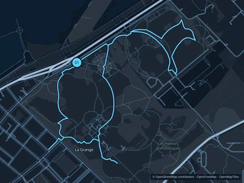 Map of the 2.5 km Parc La Grange & Eaux-Vives run, with start and finish marked 01.