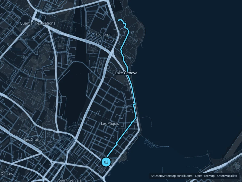 Map of the 3.7 km Lakeside · Mont-Blanc to Mon Repos run, with start and finish marked 02.