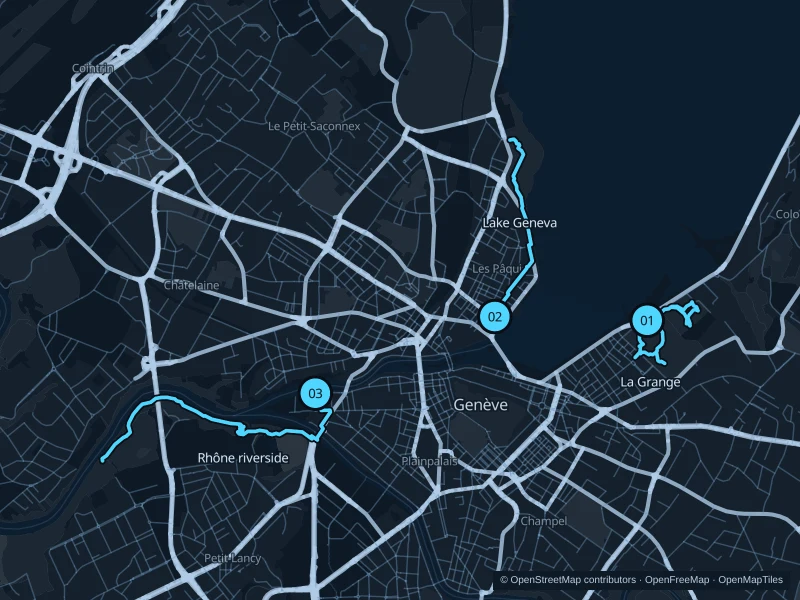 Map of Geneva with three numbered running-route starts.