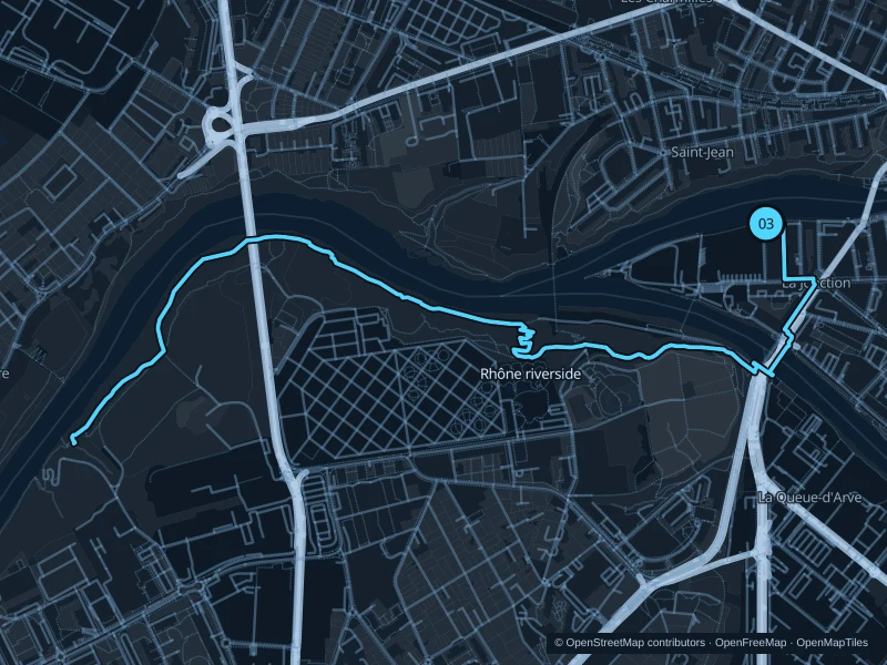 Map of the 6.3 km Rhône · Jonction westward run, with start and finish marked 03.