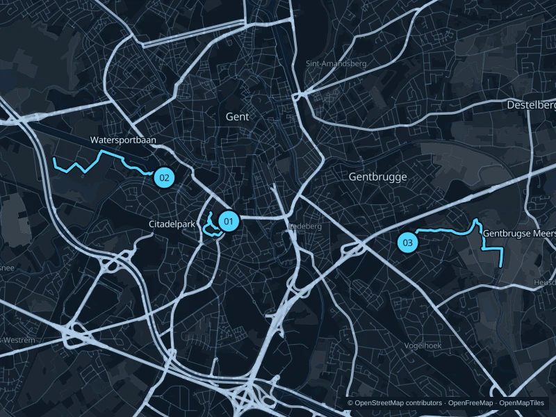 Map of Ghent with three numbered running-route starts.