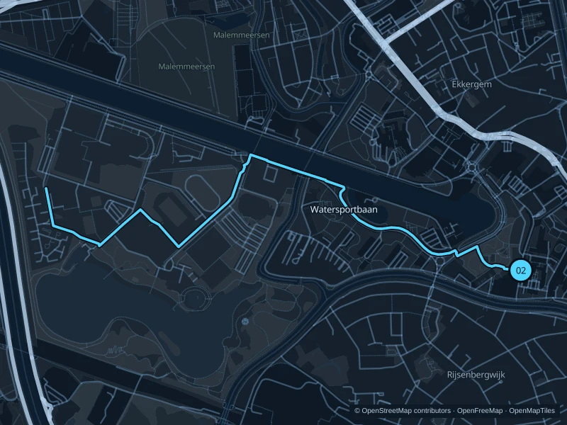 Map of the 5.1 km Watersportbaan run, with start and finish marked 02.