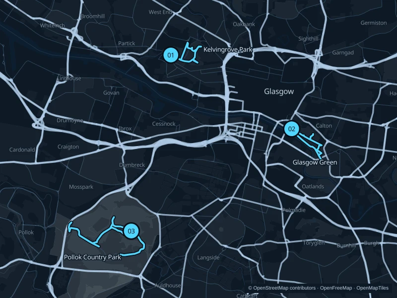 Map of Glasgow with three numbered running-route starts.