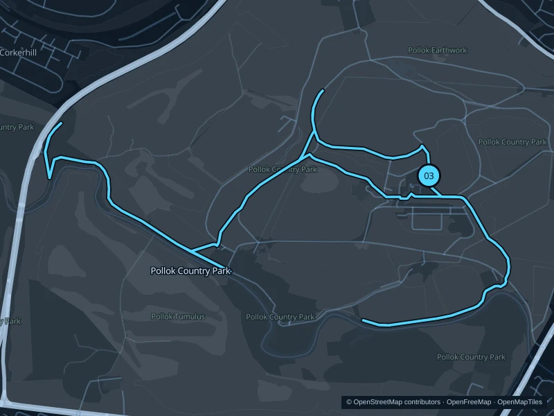 Map of the 7.5 km Pollok Country Park run, with start and finish marked 03.
