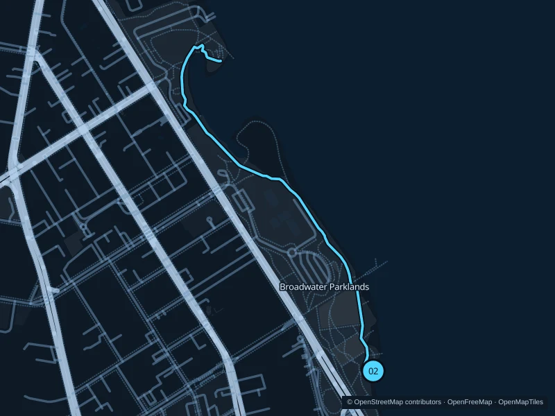 Mapa del recorrido Southport · Broadwater Parklands de 2,6 km, con salida y llegada en el punto 02.