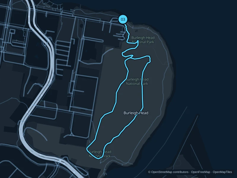 Mapa del recorrido Burleigh Head · Rainforest Circuit de 2,2 km, con salida y llegada en el punto 03.