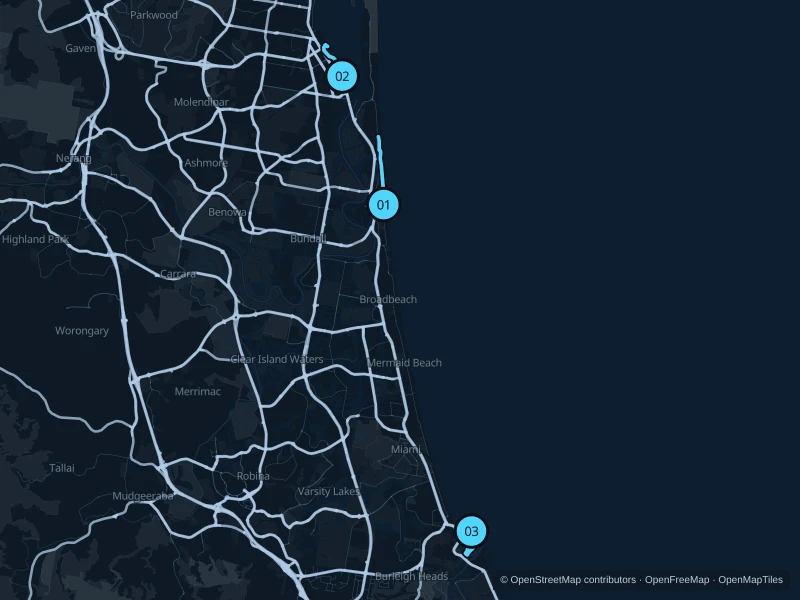 Mapa de Gold Coast con salidas para correr en Surfers Paradise, Southport y Burleigh.