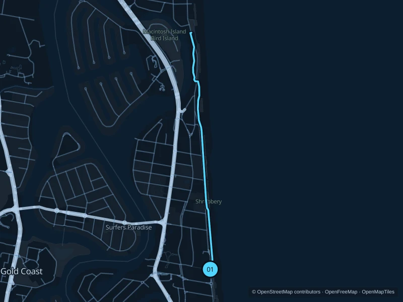 Mapa del recorrido Surfers Paradise · Oceanway hacia el norte de 4,2 km, con salida y llegada en el punto 01.