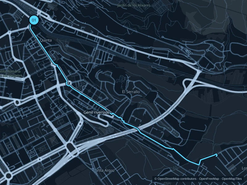 Map of the 5.3 km Genil · Fuente de la Bicha run, with start and finish marked 01.