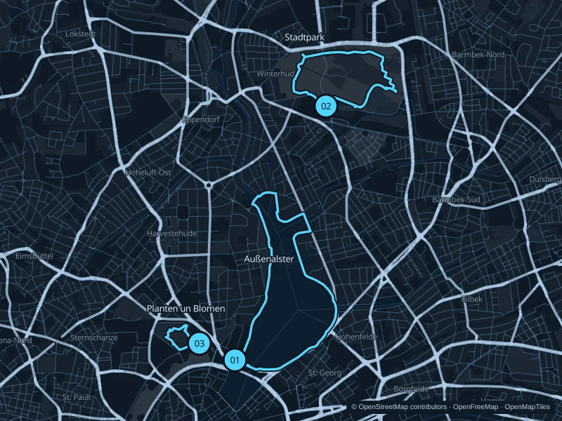 Map of Hamburg with three numbered running-route starts.
