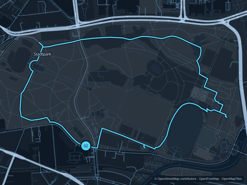 Map of the 4.6 km Hamburger Stadtpark run, with start and finish marked 02.