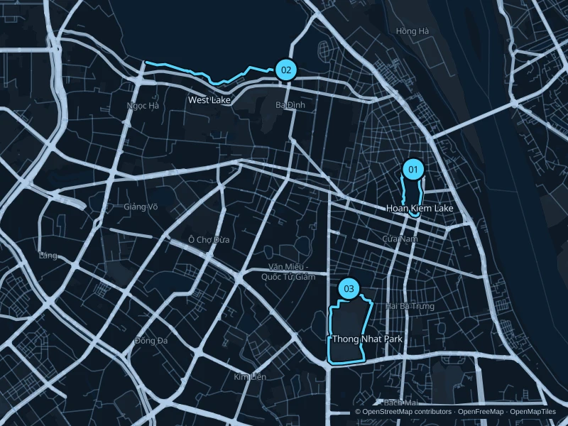 Karte von Hanoi mit drei nummerierten Startpunkten für Laufstrecken.