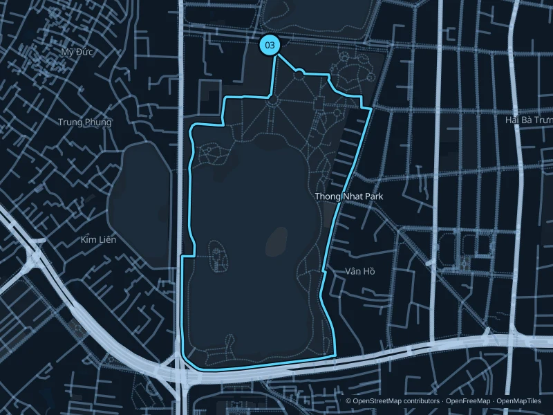 Karte der 3,1 km langen Laufstrecke Thong-Nhat-Park · äußere Wege, Start und Ziel mit 03 markiert.