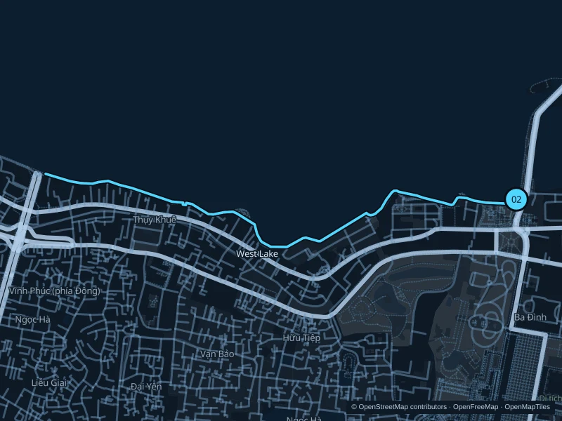 Karte der 4,3 km langen Laufstrecke Westsee · Südufer, Start und Ziel mit 02 markiert.