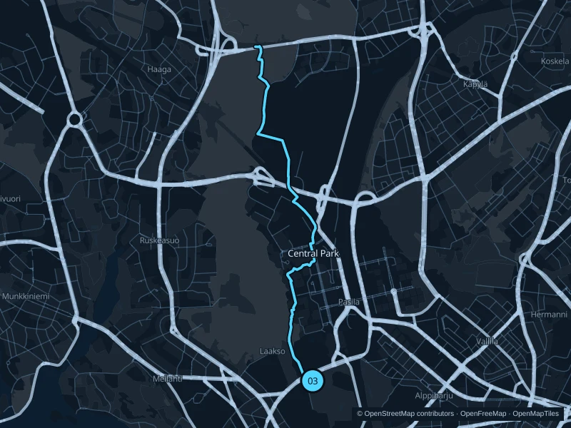Map of the 8.3 km Central Park · southern forest paths run, with start and finish marked 03.