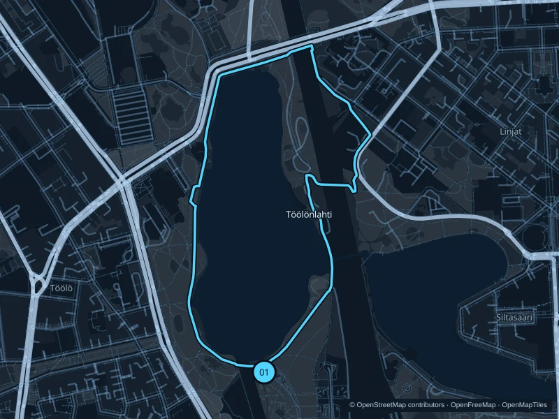 Map of the 2.6 km Töölönlahti · bay and park circuit run, with start and finish marked 01.