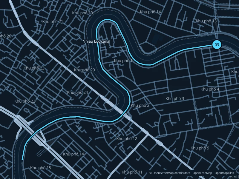 Karte der 3,9 km langen Laufstrecke Nhieu Loc–Thi Nghe · Kanalweg, Start und Ziel mit 03 markiert.