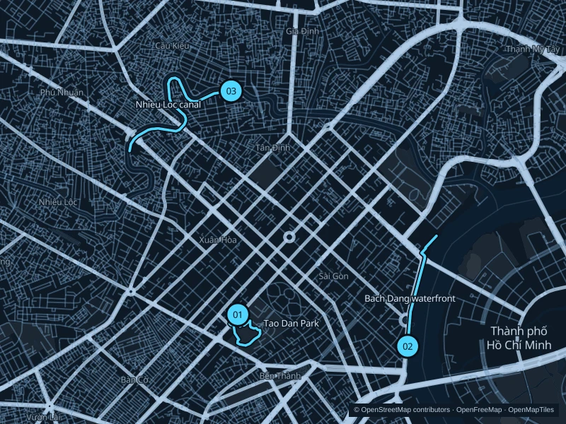 Karte von Ho-Chi-Minh-Stadt mit drei nummerierten Startpunkten für Laufstrecken.