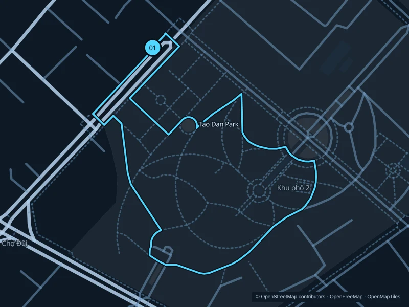 Karte der 1,2 km langen Laufstrecke Tao Dan · Gartenwege, Start und Ziel mit 01 markiert.