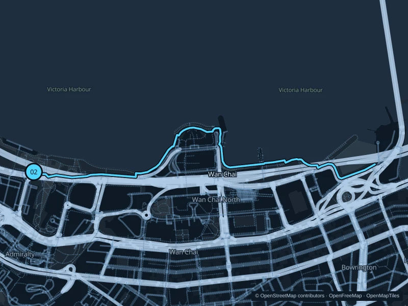 Map of the 4.3 km Central & Wan Chai harbourfront run, with start and finish marked 02.