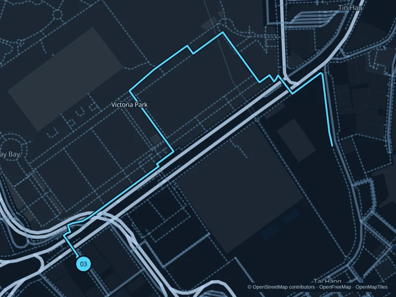 Map of the 1.8 km Victoria Park run, with start and finish marked 03.