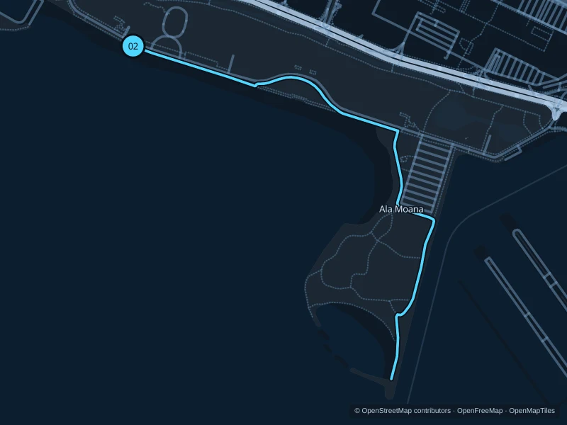 Mapa de la ruta de 3,2 km por Ala Moana Beach Park & Magic Island, con salida y llegada señaladas con 02.