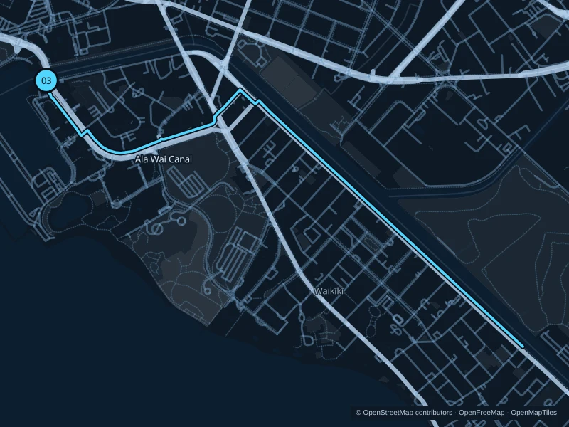 Mapa de la ruta de 5,6 km por Canal Ala Wai · lado de Waikīkī, con salida y llegada señaladas con 03.
