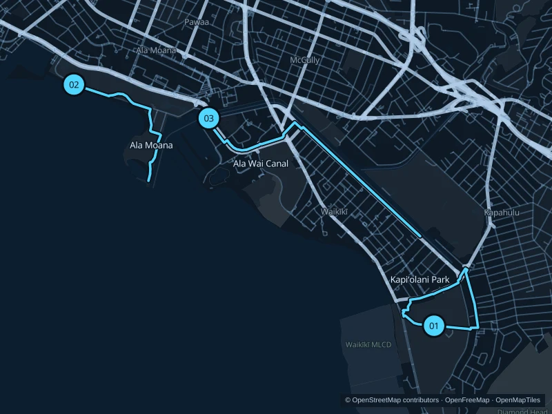 Mapa de Honolulu con tres puntos de salida numerados para correr.