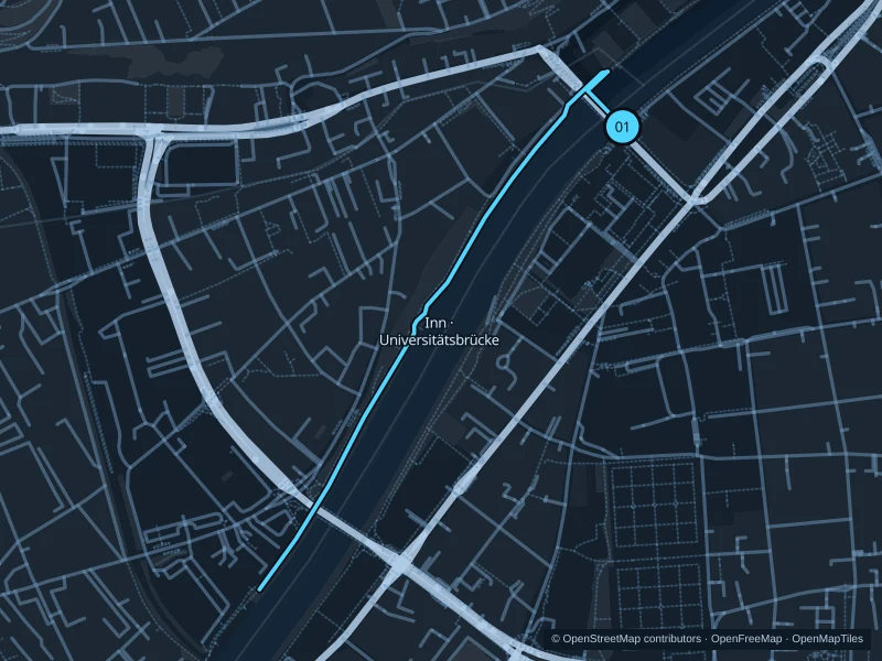 Mapa de la ruta Inn · Universitätsbrücke de 2,3 km, con inicio y llegada marcados como 01.