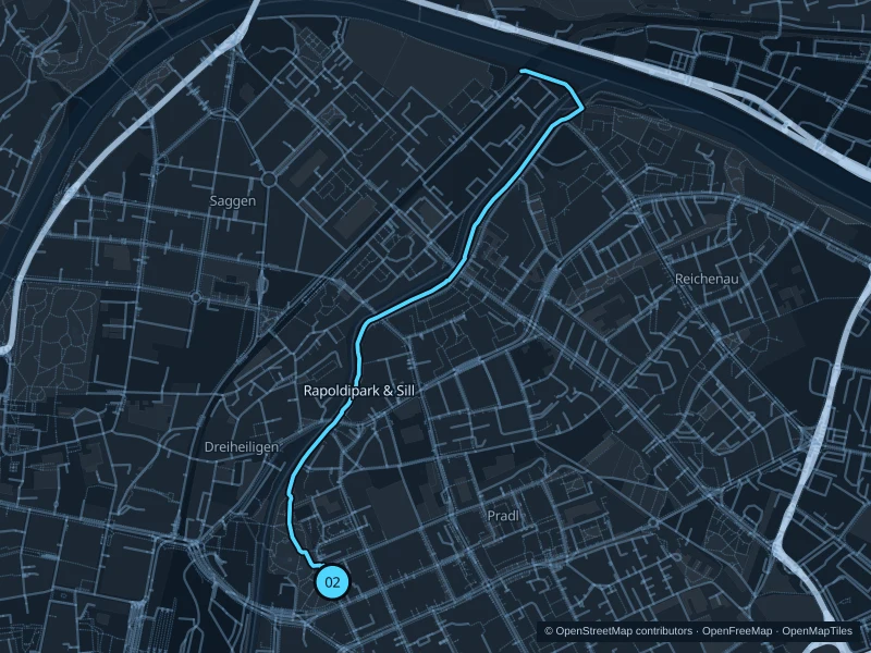 Mapa de la ruta Rapoldipark & Sill de 4,0 km, con inicio y llegada marcados como 02.