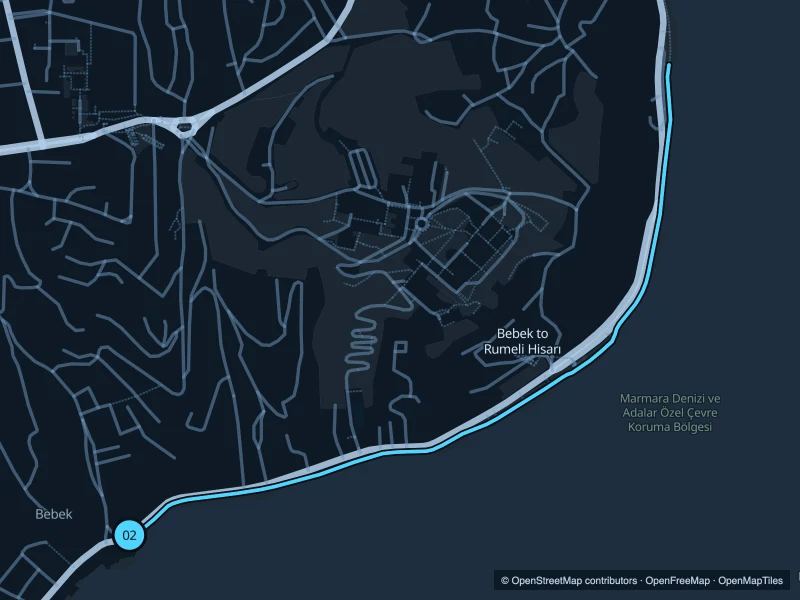Map of the 2.9 km Bebek to Rumeli Hisarı run, with start and finish marked 02.