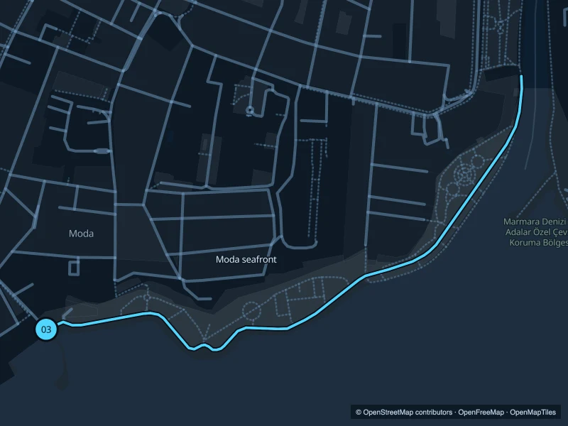 Map of the 2.1 km Moda seafront run, with start and finish marked 03.