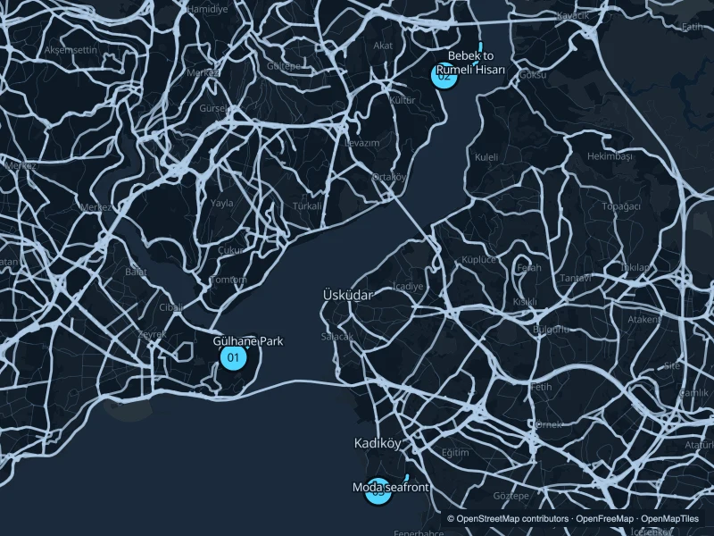 Map of Istanbul with three numbered running-route starts.