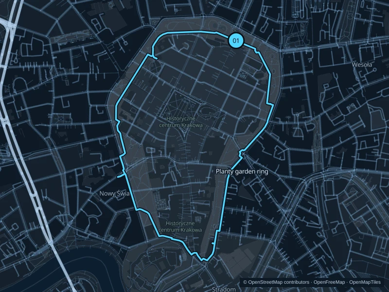 Map of the 3.7 km Planty garden ring run, with start and finish marked 01.