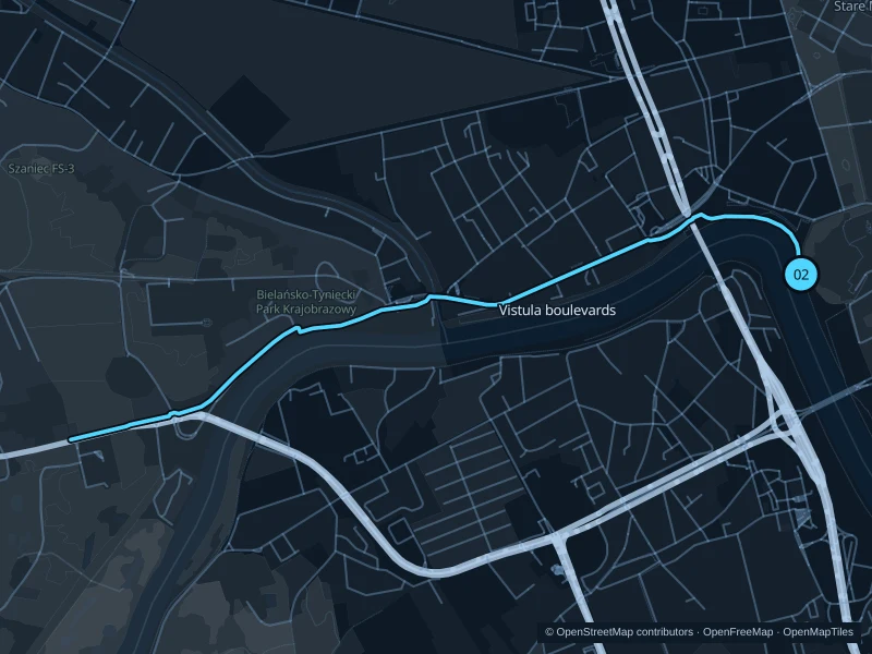 Map of the 5.6 km Vistula boulevards run, with start and finish marked 02.