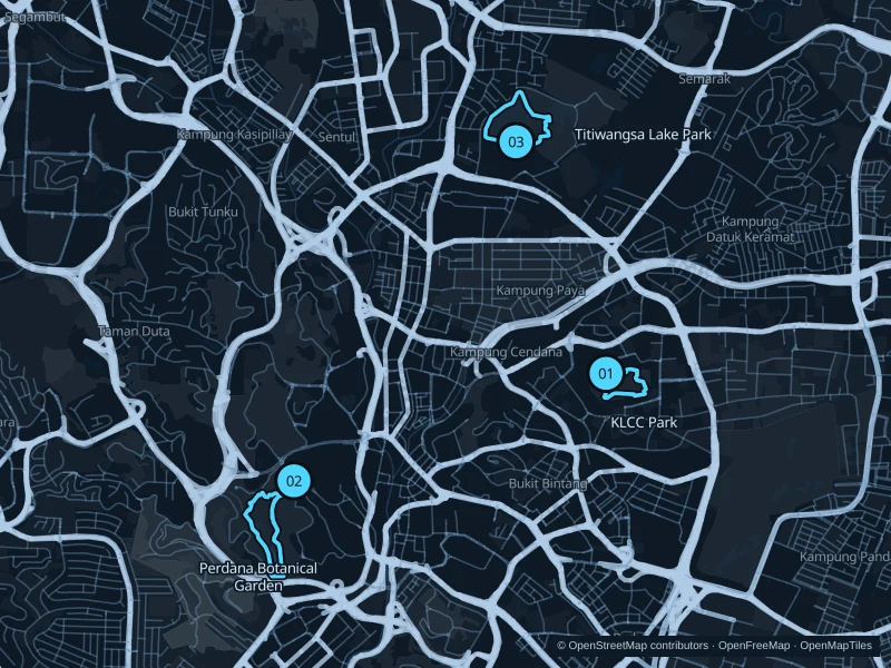 Map of Kuala Lumpur with three numbered running-route starts.