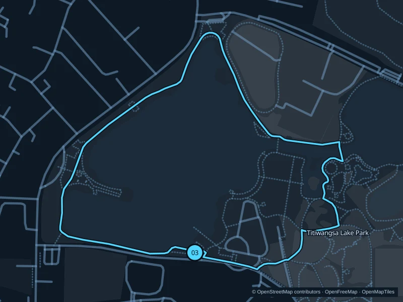 Map of the 1.9 km Titiwangsa · lake and park circuit run, with start and finish marked 03.