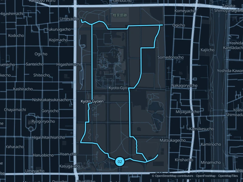 Mapa de la ruta de 3,9 km por Kyoto Gyoen, con inicio y final marcados con 02.