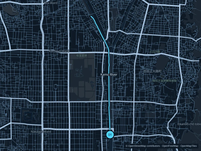 Mapa de la ruta Río Kamo · orilla oeste, de 6,5 km, con inicio y final marcados con 01.