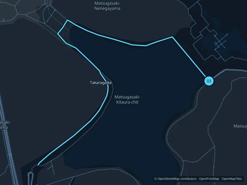 Mapa de la ruta Takaragaike · caminos del estanque, de 1,7 km, con inicio y final marcados con 03.